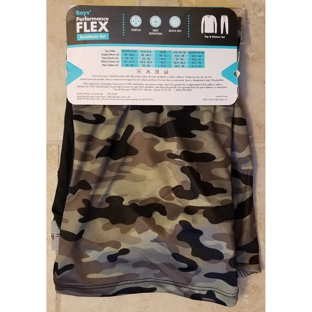 New Fruit of the Loom Boys Performance Flex Baselayer Set Camo Black XS (4/5) - Picture 2 of 5